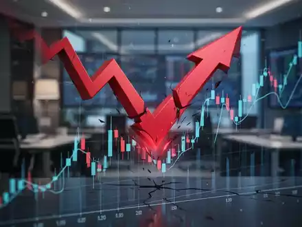 Eine rote, nach unten zeigende Pfeilspitze, die ein abstraktes Finanzdiagramm durchbricht, symbolisiert einen starken Rückgang. - Foto: über boerse-global.de