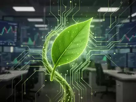 Eine stilisierte, leuchtend grüne Pflanze, die sich mit abstrakten technologischen Schaltkreisen verbindet, im Hintergrund ein unscharfes Büro mit Finanzcharts. - Foto: über boerse-global.de