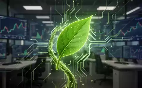 Eine stilisierte, leuchtend grüne Pflanze, die sich mit abstrakten technologischen Schaltkreisen verbindet, im Hintergrund ein unscharfes Büro mit Finanzcharts. - Foto: über boerse-global.de