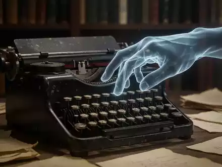 A close-up of a vintage typewriter with a ghostly hand hovering over the keys, surrounded by books and papers. - Foto: über boerse-global.de