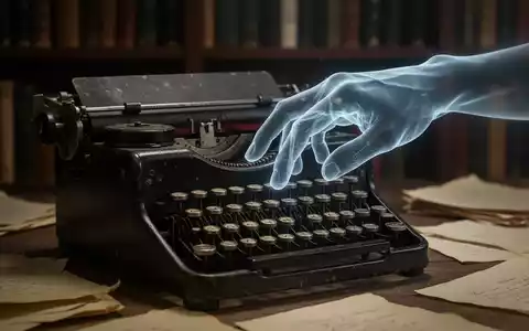 A close-up of a vintage typewriter with a ghostly hand hovering over the keys, surrounded by books and papers. - Foto: über boerse-global.de