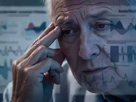 Nahaufnahme der Hand einer älteren Person, die nachdenklich die Schläfe berührt, mit unscharfen medizinischen Daten im Hintergrund. - Foto: über boerse-global.de