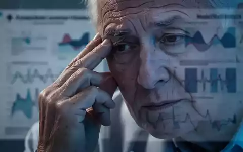 Nahaufnahme der Hand einer Ă€lteren Person, die nachdenklich die SchlĂ€fe berĂŒhrt, mit unscharfen medizinischen Daten im Hintergrund. - Foto: ĂŒber boerse-global.de