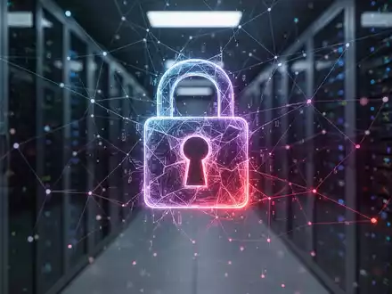 A glowing, abstract padlock icon on a digital network, symbolizing a data breach, with a blurred server room in the background. - Foto: über boerse-global.de