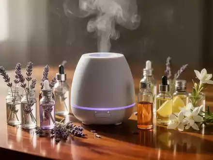 Ein moderner, eleganter Diffusor für ätherische Öle mit sanftem Nebel, umgeben von kleinen Flaschen mit Lavendel-, Zitrus- und Jasminöl. - Foto: über boerse-global.de