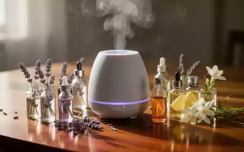 Ein moderner, eleganter Diffusor für ätherische Öle mit sanftem Nebel, umgeben von kleinen Flaschen mit Lavendel-, Zitrus- und Jasminöl. - Foto: über boerse-global.de