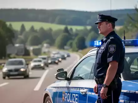 Ein Polizist in Uniform steht neben einem Streifenwagen mit Blaulicht und beobachtet den Verkehr auf einer Landstraße. - Foto: über boerse-global.de