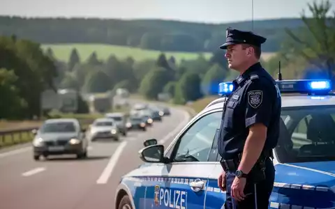 Ein Polizist in Uniform steht neben einem Streifenwagen mit Blaulicht und beobachtet den Verkehr auf einer Landstraße. - Foto: über boerse-global.de