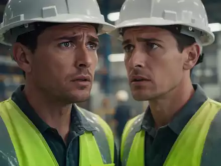 Ein Arbeiter mit Schutzhelm und Warnweste blickt besorgt auf eine unscharfe Industrieanlage, die Arbeitssicherheit symbolisiert. - Foto: über boerse-global.de