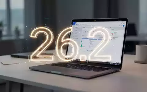 A glowing digital '26.2' over a laptop showing an office suite, symbolizing a software release in a modern workspace. - Foto: über boerse-global.de