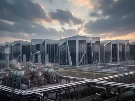 A vast, modern data center complex with a natural gas power plant in the foreground, under a dramatic sky. - Foto: über boerse-global.de
