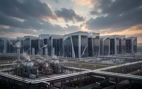A vast, modern data center complex with a natural gas power plant in the foreground, under a dramatic sky. - Foto: über boerse-global.de