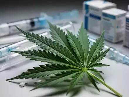 Nahaufnahme eines Cannabisblattes mit verschwommenen medizinischen Instrumenten und pharmazeutischen Verpackungen im Hintergrund. - Foto: über boerse-global.de