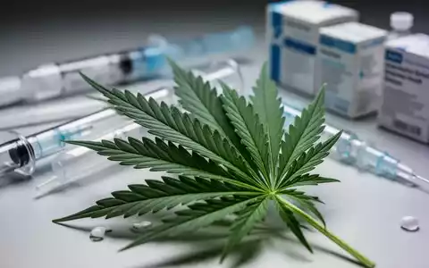 Nahaufnahme eines Cannabisblattes mit verschwommenen medizinischen Instrumenten und pharmazeutischen Verpackungen im Hintergrund. - Foto: über boerse-global.de