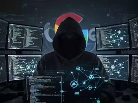 A shadowy figure in a hoodie in front of glowing screens with code, symbolizing a cybercrime operation against Google. - Foto: über boerse-global.de