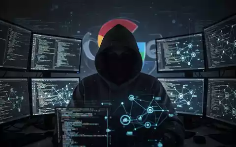 A shadowy figure in a hoodie in front of glowing screens with code, symbolizing a cybercrime operation against Google. - Foto: über boerse-global.de