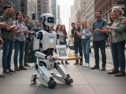 Unitree G1 humanoid robot kneeling on a city sidewalk with a donation tray and QR code, surrounded by onlookers. - Foto: über boerse-global.de