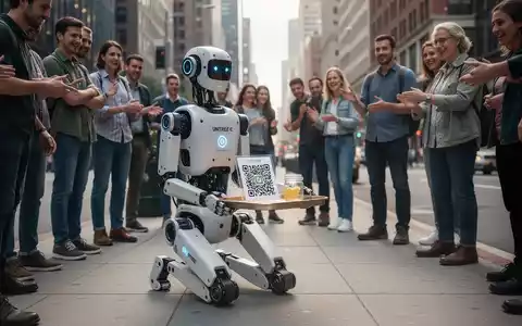 Unitree G1 humanoid robot kneeling on a city sidewalk with a donation tray and QR code, surrounded by onlookers. - Foto: über boerse-global.de