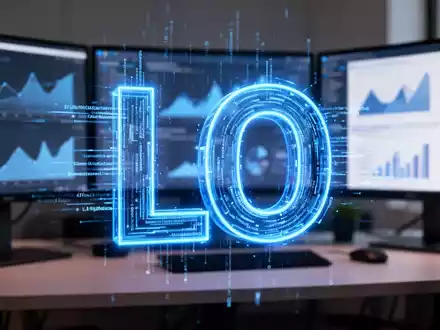 A glowing, abstract blue 'LO' logo made of digital data, superimposed on a blurred image of a modern computer workstation. - Foto: über boerse-global.de