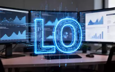 A glowing, abstract blue 'LO' logo made of digital data, superimposed on a blurred image of a modern computer workstation. - Foto: über boerse-global.de