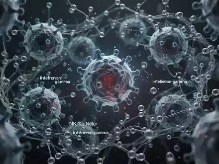 Nahaufnahme mikroskopischer menschlicher Immunzellen, die als natürliche Killerzellen identifiziert wurden, umgeben von Interferon-gamma-Molekülen. - Foto: über boerse-global.de