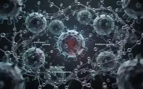 Nahaufnahme mikroskopischer menschlicher Immunzellen, die als natürliche Killerzellen identifiziert wurden, umgeben von Interferon-gamma-Molekülen. - Foto: über boerse-global.de