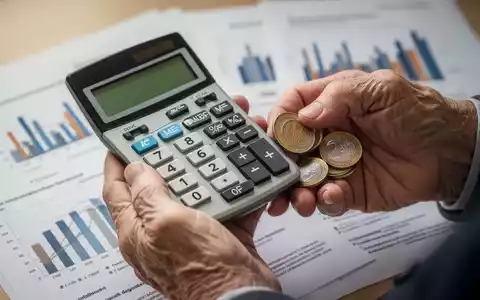 Nahaufnahme der Hände einer älteren Person, die einen Taschenrechner und Euro-Münzen halten, mit unscharfem Hintergrund von Dokumenten. - Foto: über boerse-global.de