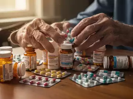 Ältere Hände haben Mühe, Medikamentenflaschen und Blisterpackungen zu öffnen, was die Komplexität der Polypharmazie symbolisiert. - Foto: über boerse-global.de