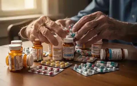 Ältere Hände haben Mühe, Medikamentenflaschen und Blisterpackungen zu öffnen, was die Komplexität der Polypharmazie symbolisiert. - Foto: über boerse-global.de