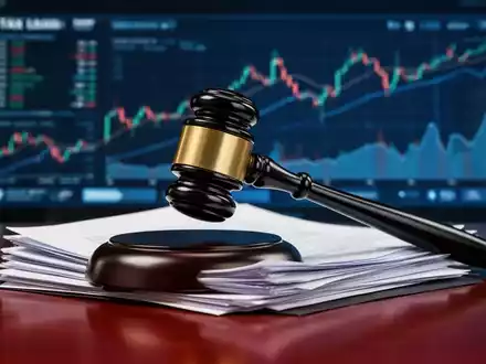 Ein stilisierter, moderner Hammer schlägt auf einen Stapel juristischer Dokumente auf einem dunklen Holztisch. - Foto: über boerse-global.de
