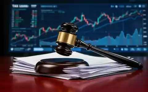 Ein stilisierter, moderner Hammer schlägt auf einen Stapel juristischer Dokumente auf einem dunklen Holztisch. - Foto: über boerse-global.de
