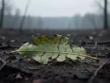 Eine einzelne, welke, grüne Blatt auf trockenem Waldboden, symbolisiert Rückgang und ein 52-Wochen-Tief der Aktie. - Foto: über boerse-global.de