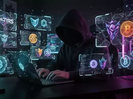 A person in a hoodie typing on a laptop, surrounded by glowing digital interfaces with game logos and cryptocurrency symbols, representing online scams. - Foto: über boerse-global.de