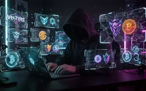 A person in a hoodie typing on a laptop, surrounded by glowing digital interfaces with game logos and cryptocurrency symbols, representing online scams. - Foto: über boerse-global.de