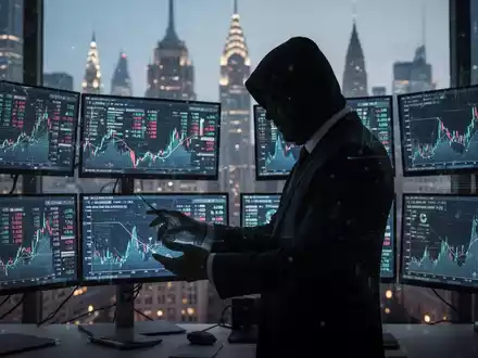 A shadowy figure in a suit manipulating financial data on screens, representing online investment fraud and global warnings. - Foto: über boerse-global.de