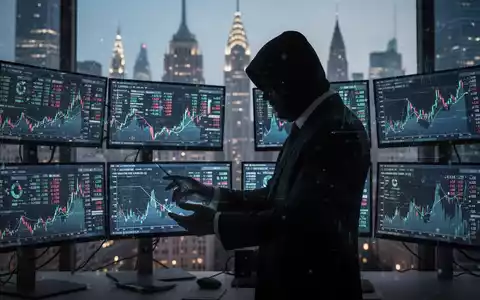 A shadowy figure in a suit manipulating financial data on screens, representing online investment fraud and global warnings. - Foto: über boerse-global.de