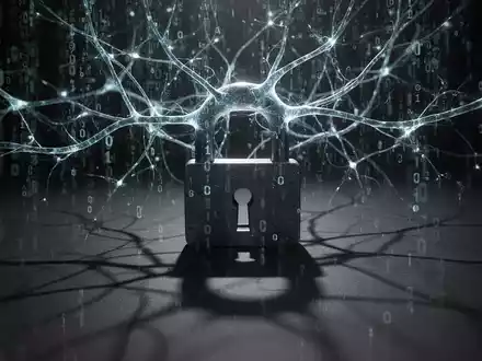 A glowing neural network intertwined with binary code, casting a shadow over a padlock, symbolizing AI cyber threats. - Foto: über boerse-global.de