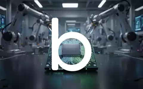 Ein futuristischer Mikrochip mit leuchtenden Schaltkreisen auf einer dunklen Oberfläche vor dem unscharfen Hintergrund einer High-Tech-Produktionsanlage. - Foto: über boerse-global.de