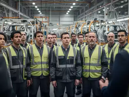 Arbeiter in einer Autofabrik versammeln sich besorgt, während sie in einer großen Halle vor Maschinen stehen. - Foto: über boerse-global.de