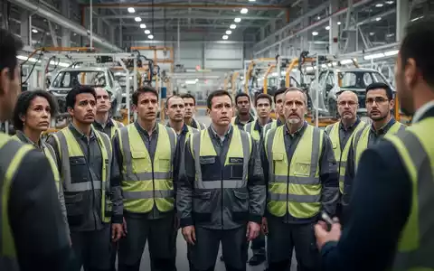 Arbeiter in einer Autofabrik versammeln sich besorgt, während sie in einer großen Halle vor Maschinen stehen. - Foto: über boerse-global.de
