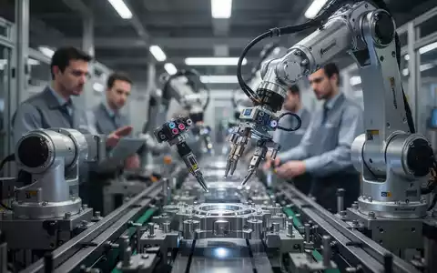 Ein Roboterarm mit Sensoren montiert ein Bauteil in einer Fabrik. Im Hintergrund sind unscharfe menschliche Silhouetten zu sehen. - Foto: über boerse-global.de