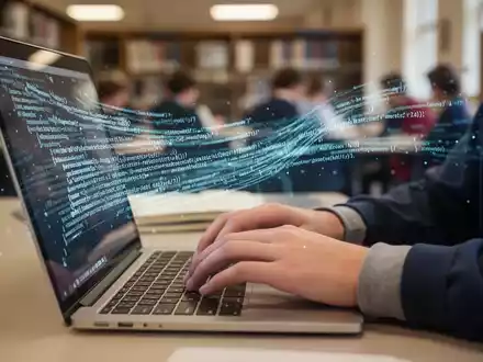 Nahaufnahme von Händen, die auf einer Laptoptastatur tippen, mit digitalem Textfluss auf dem Bildschirm, der KI-Nutzung andeutet. - Foto: über boerse-global.de