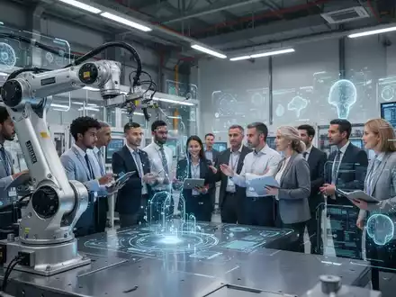 Menschen arbeiten in einem modernen Industrielabor mit Robotern und digitalen Schnittstellen, symbolisierend Transformation und Bildung. - Foto: über boerse-global.de