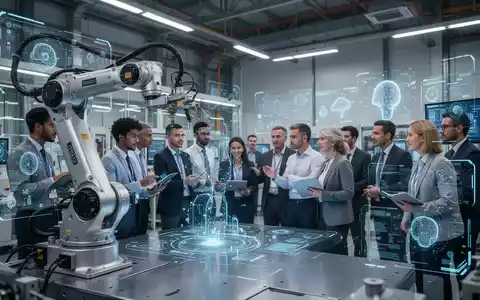 Menschen arbeiten in einem modernen Industrielabor mit Robotern und digitalen Schnittstellen, symbolisierend Transformation und Bildung. - Foto: über boerse-global.de
