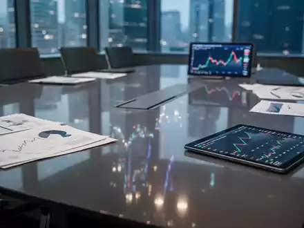 Ein glänzender Konferenztisch in einem modernen Sitzungssaal mit Finanzdokumenten und einem Tablet, das Börsencharts anzeigt. - Foto: über boerse-global.de
