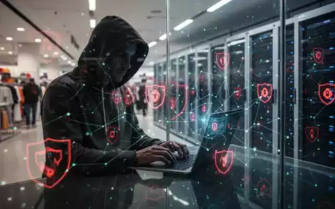 Eine Person im Kapuzenpullover tippt auf einem Laptop, überlagert von digitalen Bedrohungsindikatoren, im Hintergrund eine verschwommene Ladenumgebung. - Foto: über boerse-global.de