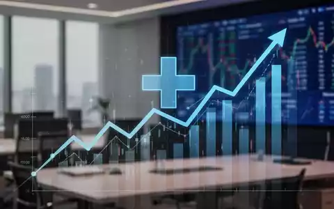 Eine stilisierte Grafik eines aufwärts gerichteten Finanzcharts mit einem medizinischen Kreuzsymbol in einem modernen Büroambiente. - Foto: über boerse-global.de
