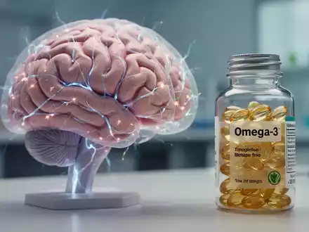 Nahaufnahme eines Gehirnmodells mit leuchtenden Neuronen und einer Flasche Omega-3-Kapseln in einem wissenschaftlichen Kontext. - Foto: über boerse-global.de