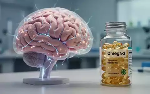 Nahaufnahme eines Gehirnmodells mit leuchtenden Neuronen und einer Flasche Omega-3-Kapseln in einem wissenschaftlichen Kontext. - Foto: über boerse-global.de