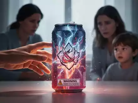 Eine Hand greift nach einer Energy-Drink-Dose mit einem subtilen Warnhinweis, im Hintergrund verschwommen eine besorgte erwachsene Person und ein Kind. - Foto: über boerse-global.de